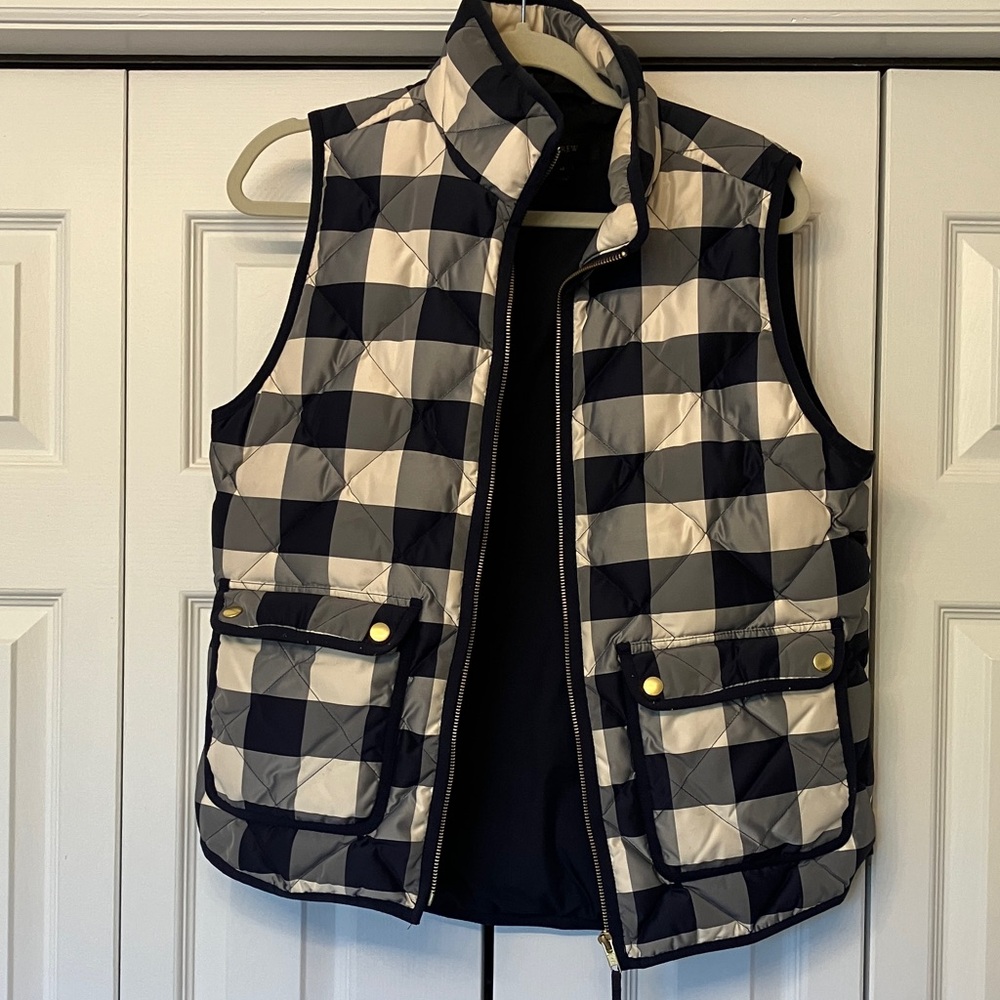 J. Crew Navy and White Gingham Checked Puffer Vest
